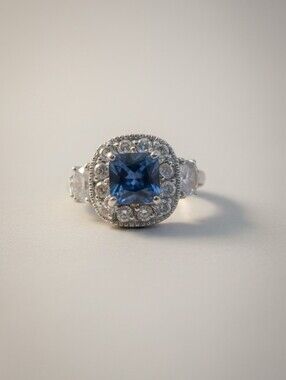 Stamped 925 Blue Centerstone Halo Ring with Side Stones - Women Jewelry